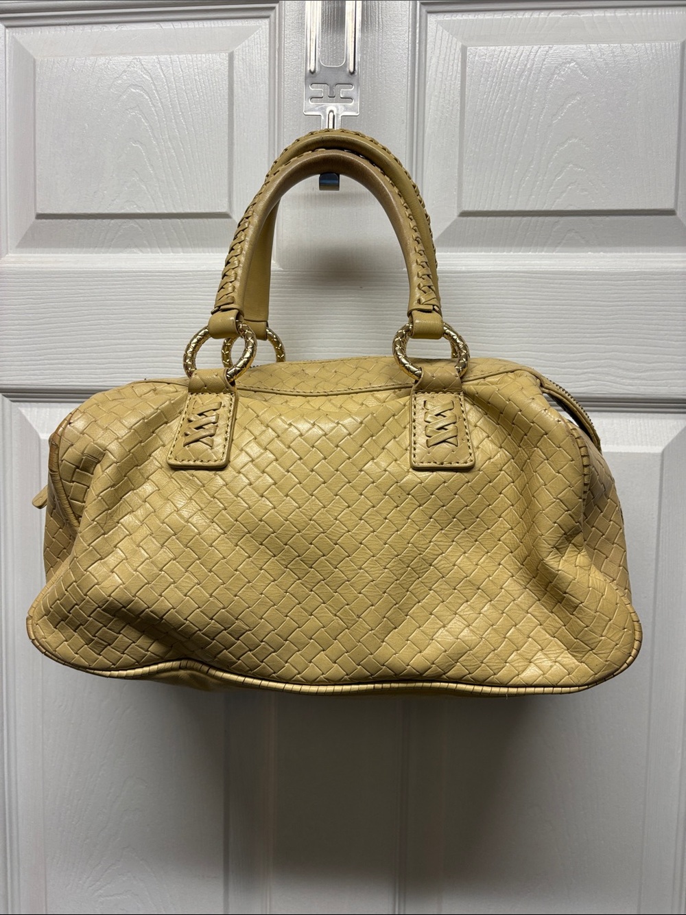 Antonio Melani Woven Style Leather Satchel Handbag - Cream-Gold Accents